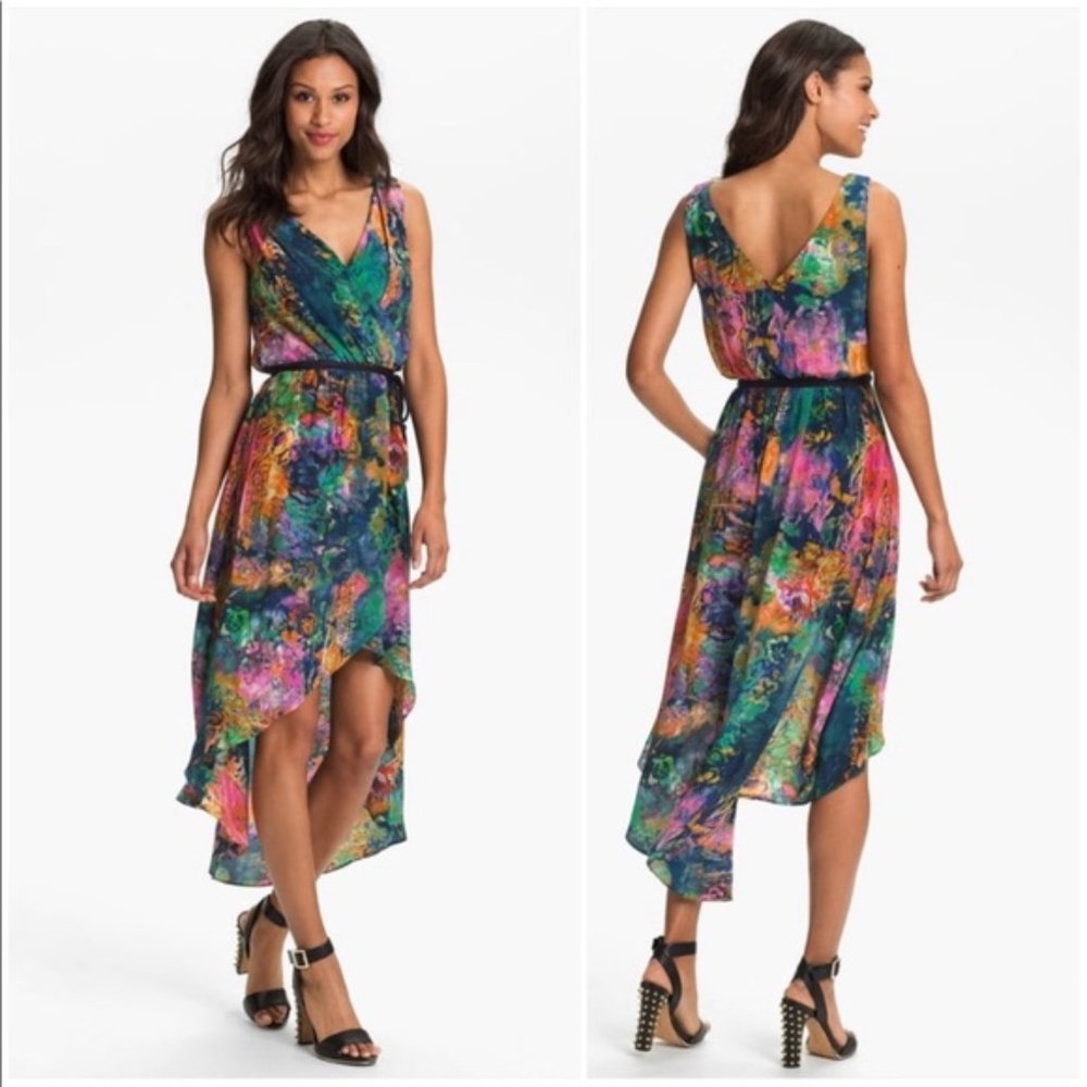 Suzi Chin Maggie Boutique Silk Watercolor Sleeveless High Low Faux Wrap … - Picture 2 of 12